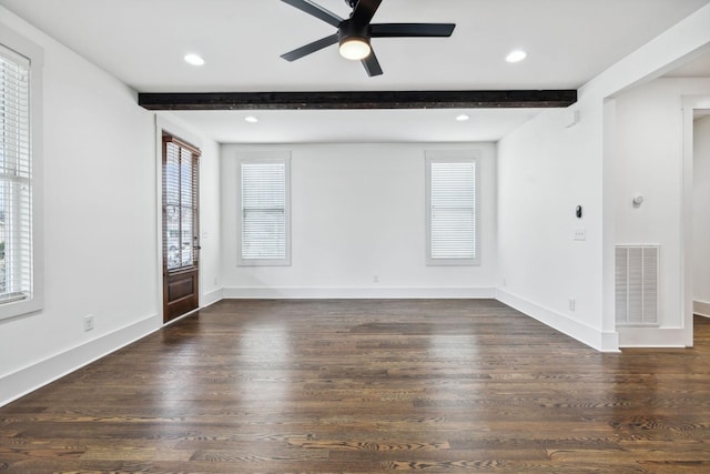 interior space with ceiling fan, beam ceiling, and dark hardwood / wood-style flooring