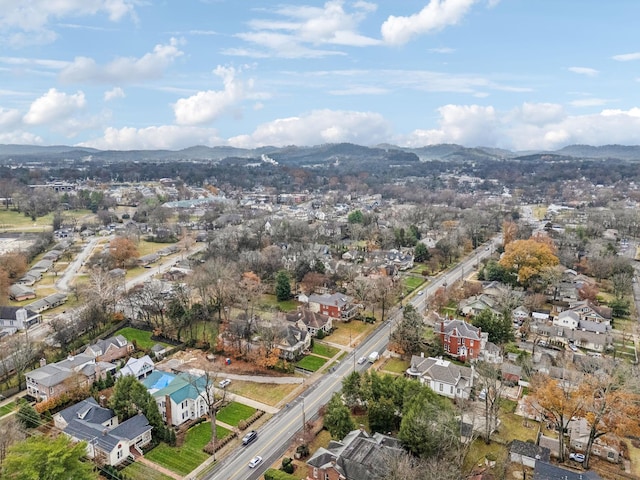 drone / aerial view featuring a mountain view