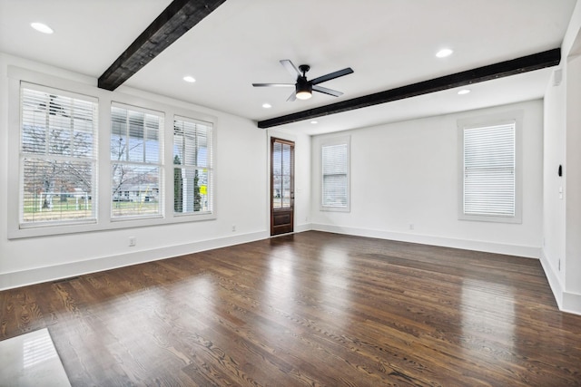 unfurnished living room featuring beam ceiling, ceiling fan, and dark hardwood / wood-style flooring