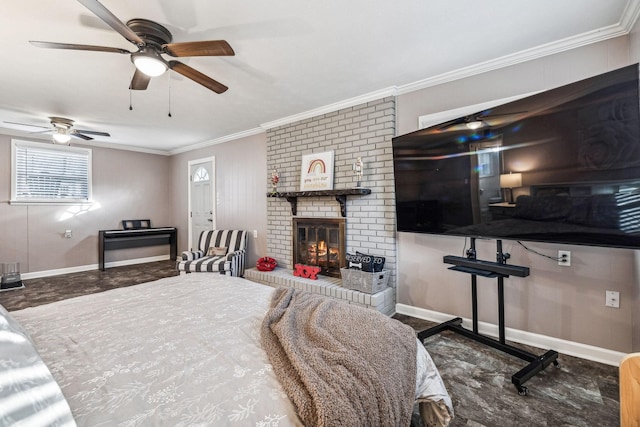 129 Dylark Dr, Waverly, TN 37185 - bedroom featuring a fireplace, crown molding, and a ceiling fan