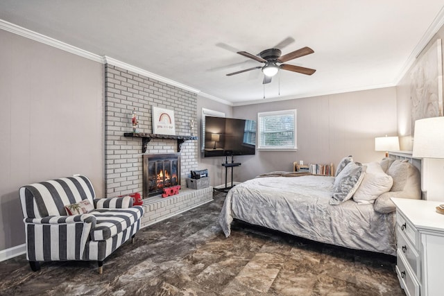 bedroom featuring a fireplace, ceiling fan, and crown molding