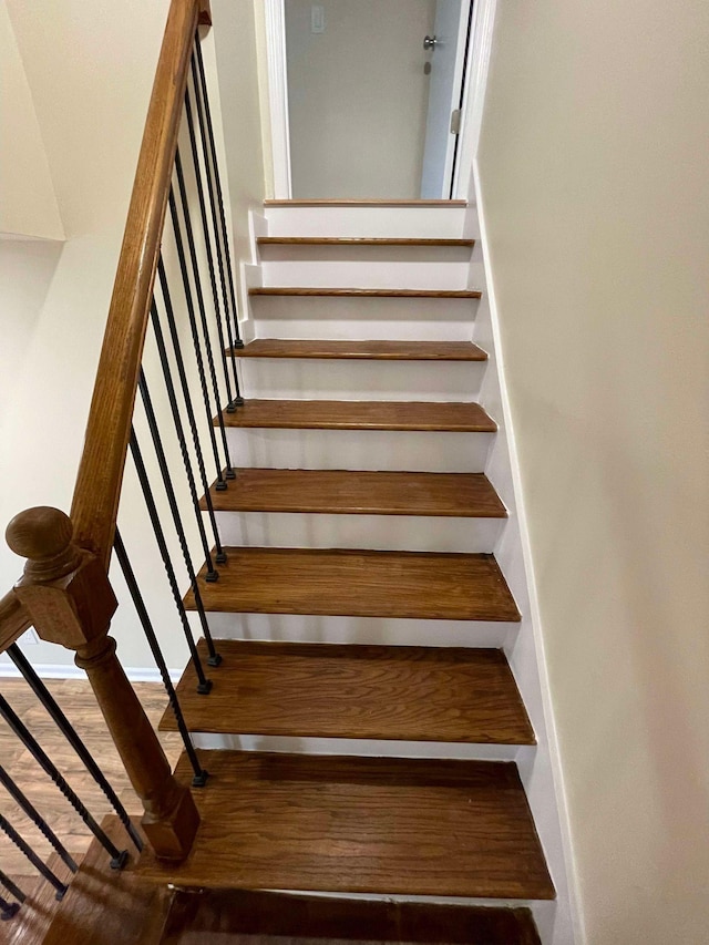 stairway with hardwood / wood-style flooring