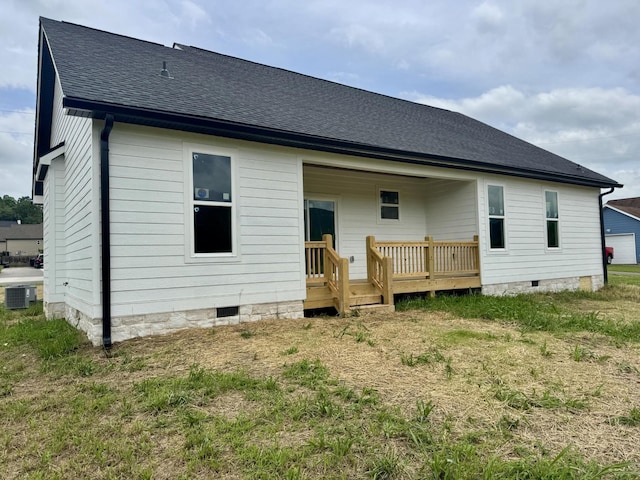 10 Shagbark Cv, Dunlap, TN 37327 - rear view of house with crawl space, central air condition unit, roof with shingles, and a deck