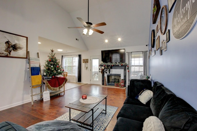 living room with dark hardwood / wood-style floors, a healthy amount of sunlight, and high vaulted ceiling