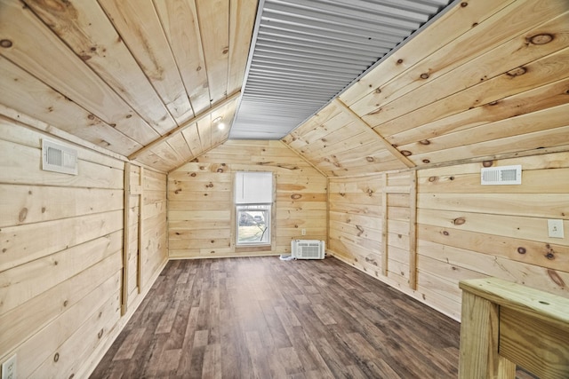 additional living space featuring dark hardwood / wood-style flooring, wood ceiling, lofted ceiling, and wood walls