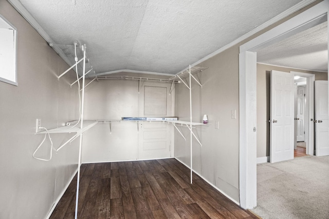 spacious closet with hardwood / wood-style floors and lofted ceiling