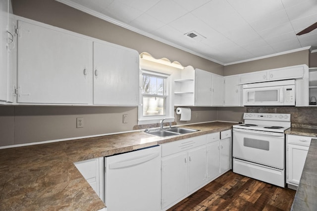 kitchen with white cabinets, white appliances, sink, and ornamental molding