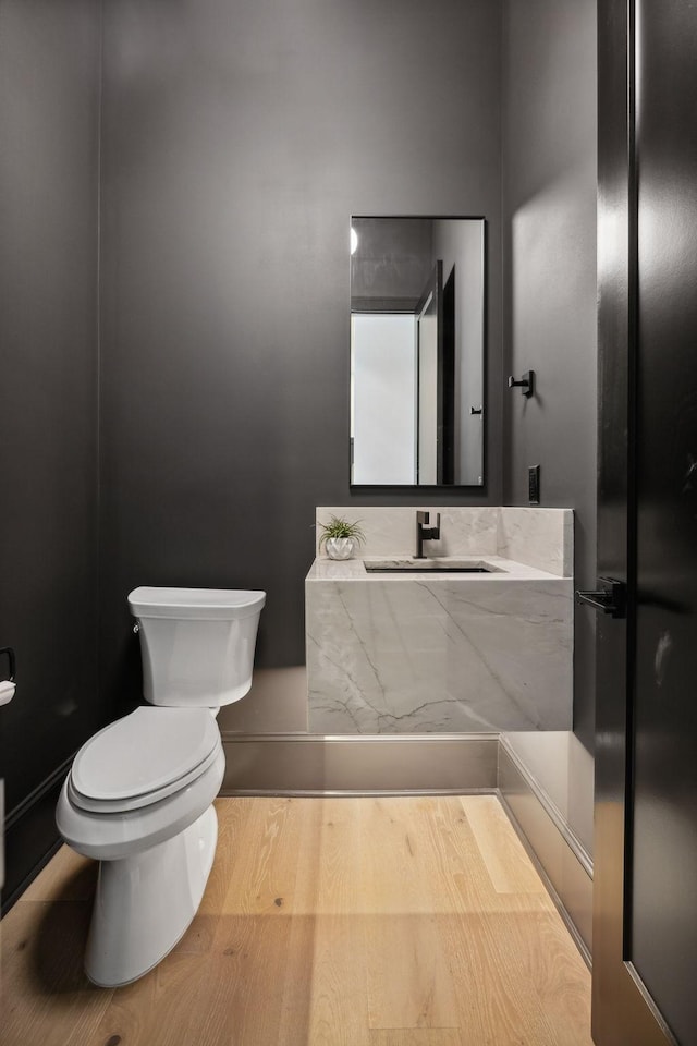 bathroom with wood-type flooring, toilet, and sink