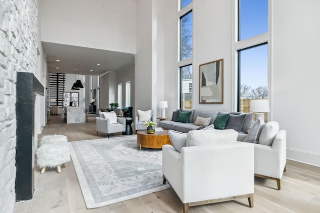 living room with a stone fireplace, a high ceiling, and light hardwood / wood-style flooring