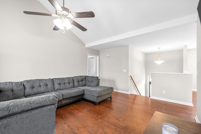 living room with ceiling fan, wood-type flooring, and lofted ceiling