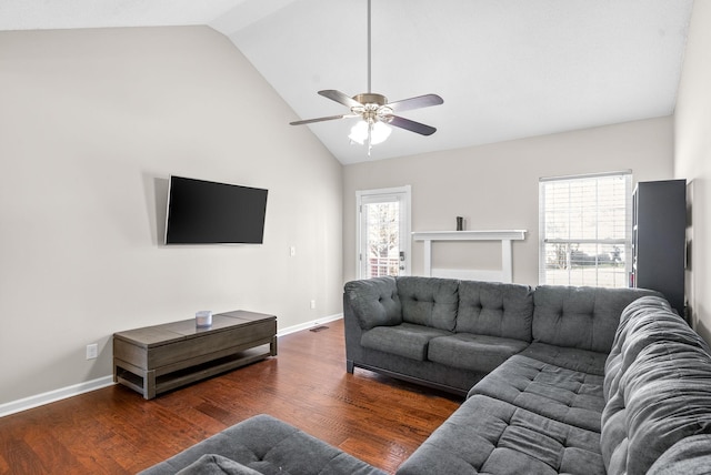 living room featuring ceiling fan, high vaulted ceiling, and dark hardwood / wood-style floors