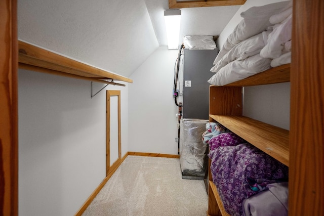 interior space with lofted ceiling and light carpet