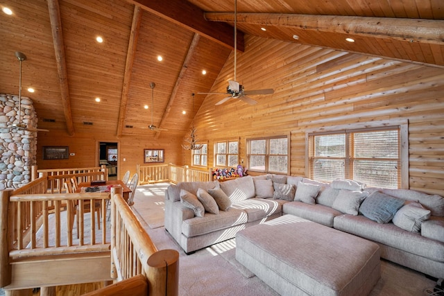 living room featuring log walls, beamed ceiling, high vaulted ceiling, and wooden ceiling