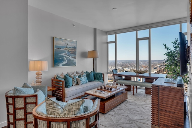 living room with floor to ceiling windows