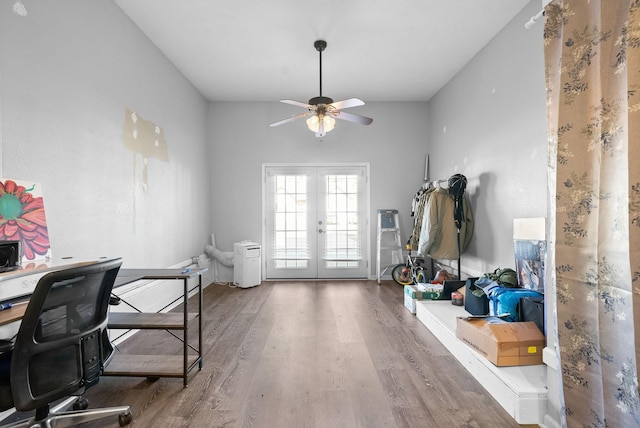 office space featuring ceiling fan, french doors, and wood-type flooring