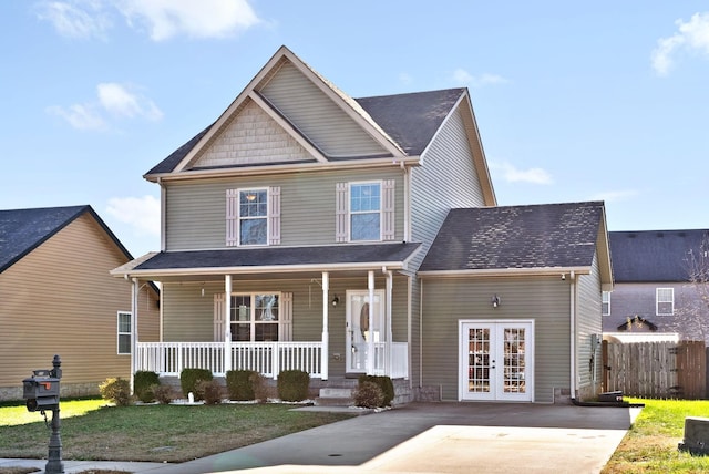 view of front of property with a porch, french doors, and a front lawn