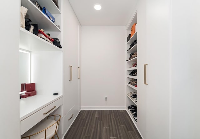 spacious closet with dark wood-type flooring