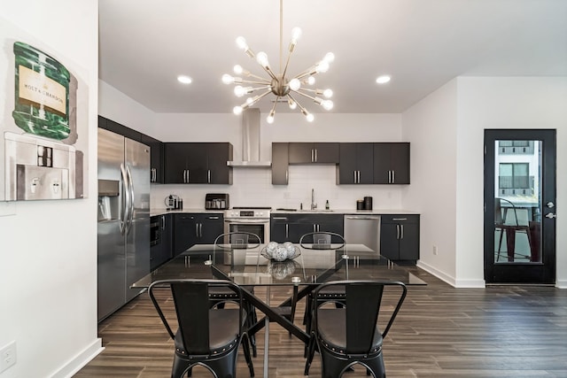 dining room with dark hardwood / wood-style flooring, a chandelier, and sink