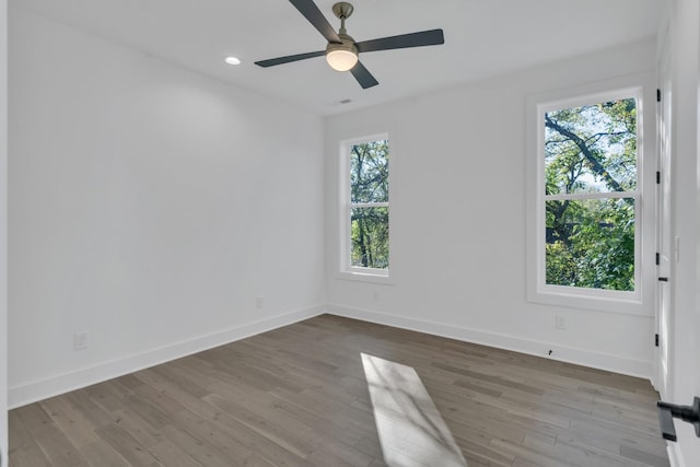 empty room featuring hardwood / wood-style flooring, ceiling fan, and a wealth of natural light