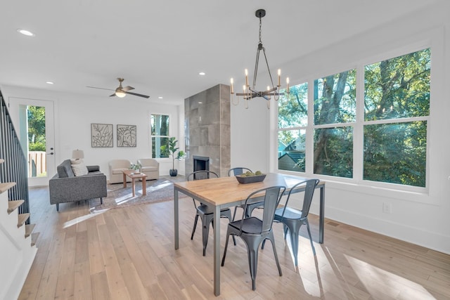 dining room featuring a tiled fireplace, light hardwood / wood-style flooring, a healthy amount of sunlight, and ceiling fan with notable chandelier