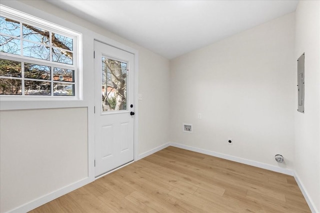 doorway to outside featuring light hardwood / wood-style floors and electric panel