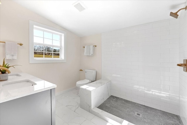 bathroom with toilet, a shower, lofted ceiling, and vanity