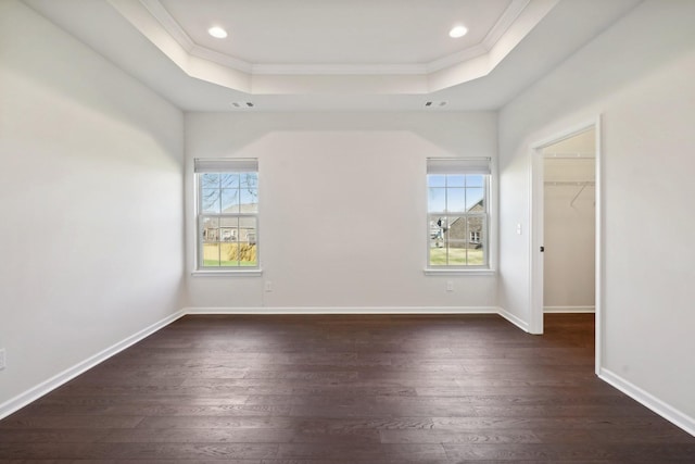 spare room featuring ornamental molding, a raised ceiling, a wealth of natural light, and dark wood-type flooring