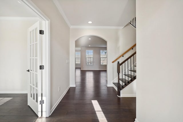 hallway featuring crown molding, french doors, and dark hardwood / wood-style floors