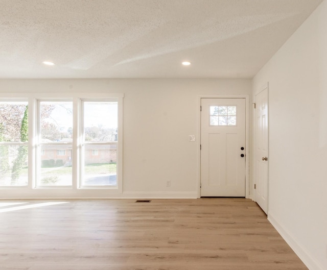 foyer with a wealth of natural light, a textured ceiling, and light wood-type flooring