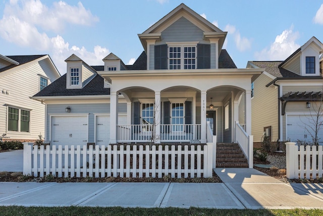 view of front of house featuring a porch, roof with shingles, fence, and an attached garage