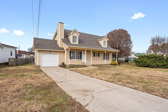 cape cod house with a porch, a garage, and a front lawn