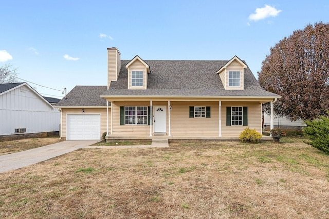 cape cod house featuring a porch, a garage, and a front lawn