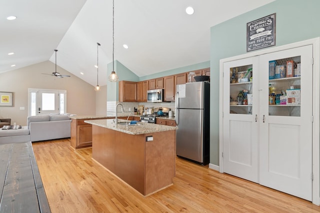 kitchen with pendant lighting, a kitchen island with sink, sink, light wood-type flooring, and appliances with stainless steel finishes