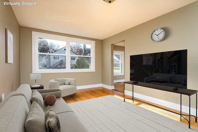 living room featuring light hardwood / wood-style floors and a wealth of natural light