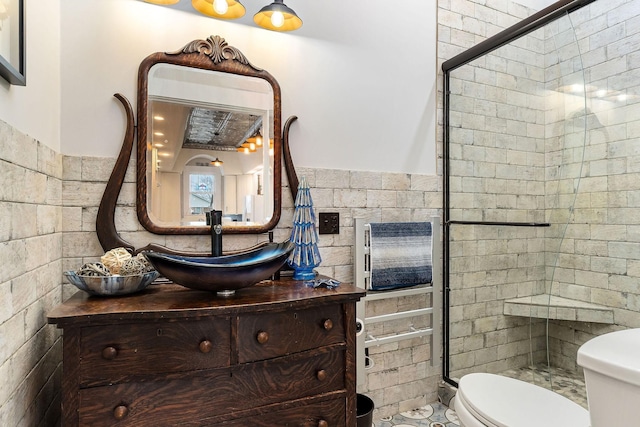 bathroom featuring vanity, toilet, and a shower with door