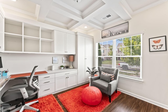 office featuring beam ceiling, crown molding, dark hardwood / wood-style flooring, and coffered ceiling