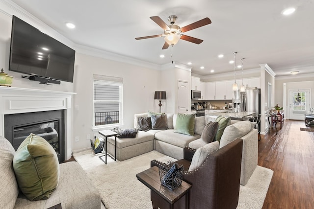 living room with ceiling fan, wood-type flooring, and ornamental molding