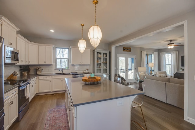 kitchen with white cabinets, dark hardwood / wood-style floors, a healthy amount of sunlight, and stainless steel appliances