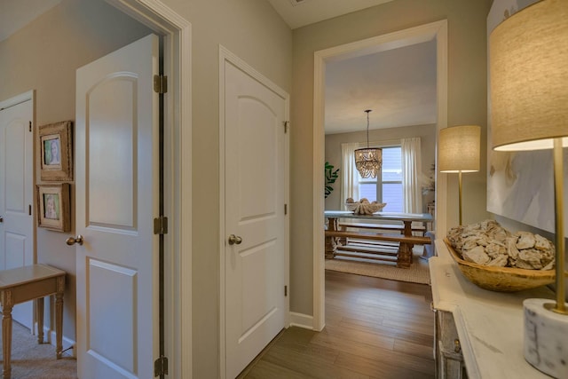 hall with a chandelier and dark hardwood / wood-style floors