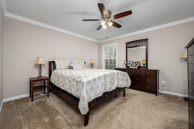 bedroom with ceiling fan, crown molding, and light carpet