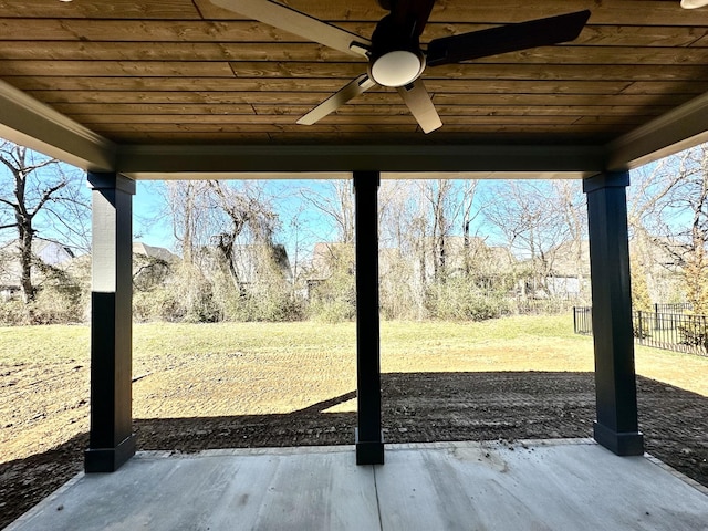 exterior space with ceiling fan, a patio, and fence