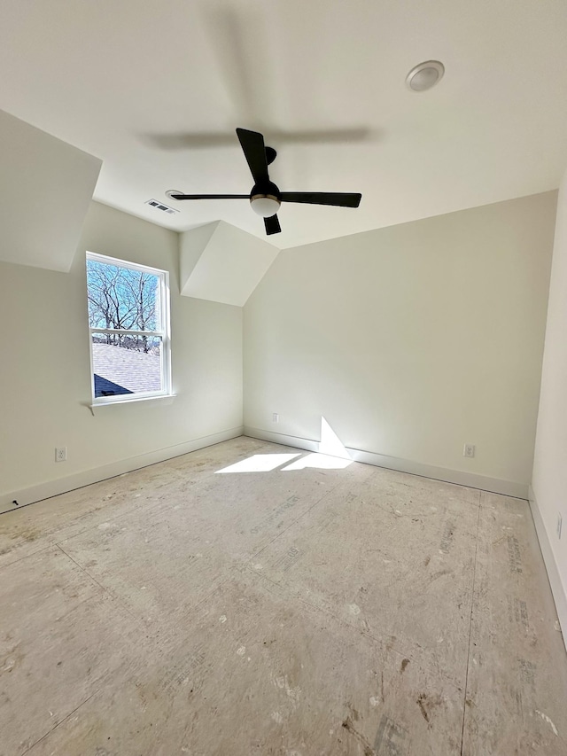 bonus room featuring visible vents, vaulted ceiling, baseboards, and ceiling fan