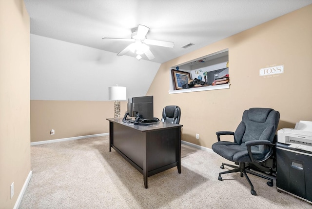 office area with ceiling fan, light carpet, and lofted ceiling