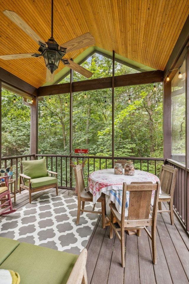 sunroom / solarium featuring ceiling fan, wood ceiling, and vaulted ceiling