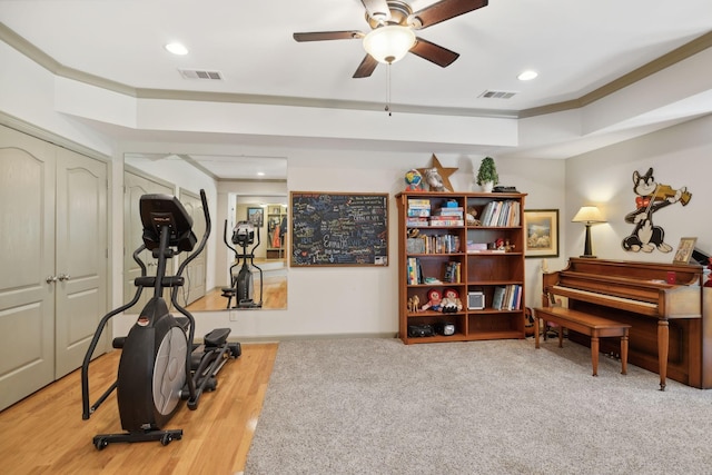 exercise area with wood-type flooring, ceiling fan, and crown molding