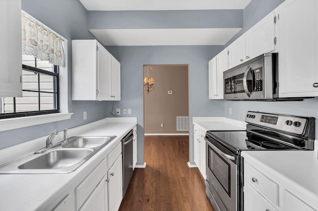 kitchen featuring dark hardwood / wood-style flooring, white cabinetry, sink, and stainless steel appliances