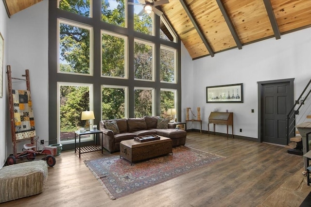 living room with beam ceiling, wood-type flooring, high vaulted ceiling, and wooden ceiling