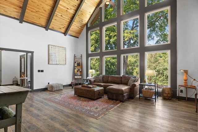 living room with hardwood / wood-style flooring, beam ceiling, wooden ceiling, and high vaulted ceiling