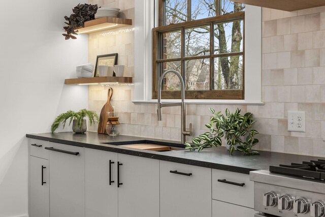 kitchen featuring tasteful backsplash, sink, and white cabinets