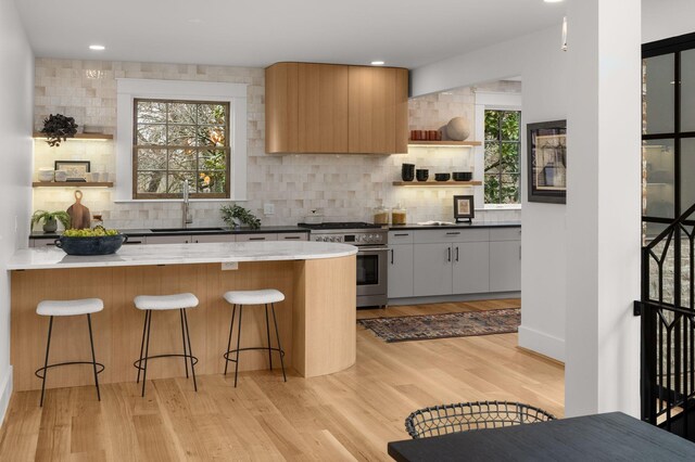 kitchen featuring white cabinetry, high end stainless steel range oven, kitchen peninsula, and a breakfast bar area